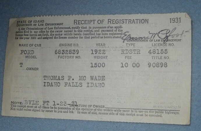 State Of Idaho Recript Of Registration 1931.JPG