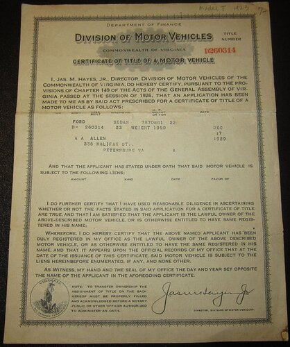 Certificate Of Title Of A Motor Vehicle, Virgina, 1929.JPG