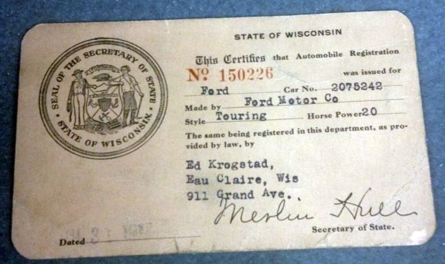 State Of Wisconsin Automobile Registration Card For 1917.JPG